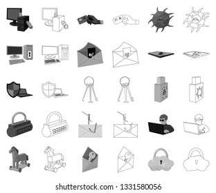 Hacker and hacking monochrome,outline icons in set collection for design. Hacker and equipment vector symbol stock web illustration.