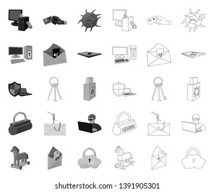 Hacker and hacking mono,outline icons in set collection for design. Hacker and equipment vector symbol stock web illustration.