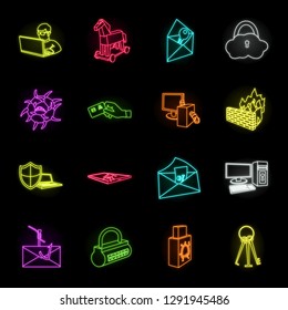 Hacker and hacking neon icons in set collection for design. Hacker and equipment vector symbol stock web illustration.