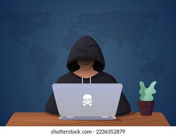 Hacker Hacking On Laptop, Man in Disguise Illustration