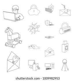 Hacker and hacking outline icons in set collection for design. Hacker and equipment vector symbol stock web illustration.