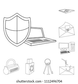 Hacker and hacking outline icons in set collection for design. Hacker and equipment vector symbol stock web illustration.