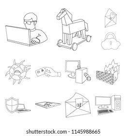 Hacker and hacking outline icons in set collection for design. Hacker and equipment vector symbol stock web illustration.