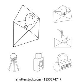 Hacker and hacking outline icons in set collection for design. Hacker and equipment vector symbol stock web illustration.