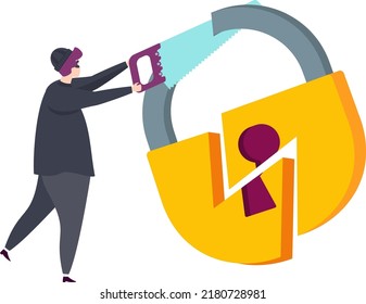 Hacker hacks into lock. Cyberattack and computer Scams. Cyber criminal. Flat vector illustration.