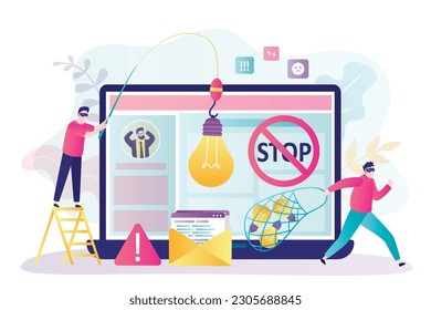 Hacker hacks laptop and steals innovative idea, industrial espionage. Theft or plagiarism, intellectual property infringement, illegal activity. Thief in mask stealing privacy ideas. flat vector