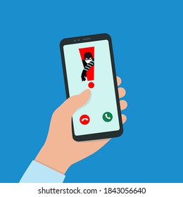 A Hacker Hacks A Smartphone. Spam Call to your Smartphone. The concept of spam data, insecure connection, online fraud and malware through fake calls, phishing, social engineering. Vector illustration