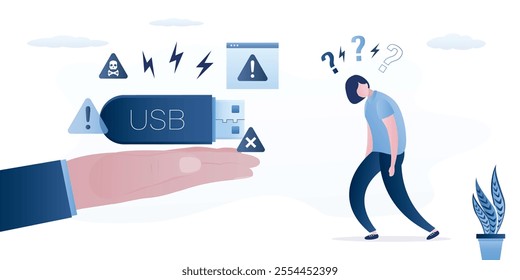 Hacker hand give woman user USB drive with virus. Malware are secretly hidden in the USB drive make problem to computer and data file. Hacker attack, data stealing, ransomware. vector illustration