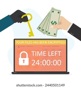 La mano del hacker sostiene la llave y exige dinero para los datos cifrados. Usuario dar dinero rescate.  Ransomware, cuenta atrás en la pantalla del portátil. Problema con la seguridad de la información, ataque de hackers. Ilustración vectorial plana