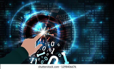 Hacker hand touches binary code and hacks abstract database, firewall, computer internet server, social network account, theft of data. Binary code abstract programming background, vector