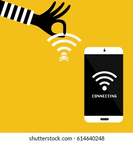 Hacker hand with unsecured public wireless hotspot for victim mobile phone connecting. Vector illustration business cybercrime concept.