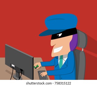 Hacker is happy while hacking by desktop computer, vector cartoon