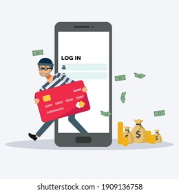 Hacker has hacked credit card from smartphone , Hacker concept ,Flat vector cartoon character illustration.