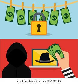 Hacker hat laptop padlock and bills icon. Cyber security system and media theme. Colorful design. Vector illustration