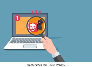 Hacker hide malware and virus program inside email on laptop. Phishing fraud scam and steal private data on devices. vector illustration flat design for cyber security awareness concept.