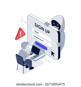 Hacker hides behind fake registration form. Man enters personal data without noticing danger. Cybersecurity concept with phishing attack illustration. Malicious Sign up button