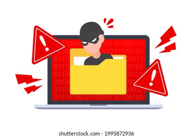 Hacker hides in document folder on laptop. Emergency warning of cybercrime alert, data hacking, malware, virus, or trojan. Creative technology security concept of antivirus. Flat vector illustration.