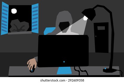 A hacker in his room at night, he wears a hoodie, he sits in front of a computer with a lamp lighted over his head. behind him, through the open window, you can see the moon shines above a tree.