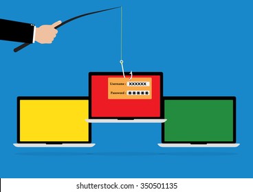 Hacker hold a fishhook for phishing username and password login on victim laptop notebook. Vector illustration computer security technology concept.