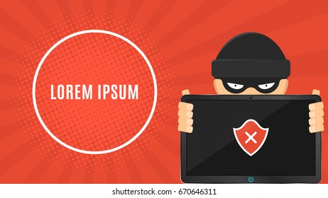 The hacker is holding a hacked electronic device in his hands. Electronic high-tech tablet. Banner for your project. Web programming. The system is hacked. Vector illustration