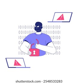 Hacker Segurando Cadeado Aberto Com Fundo De Código Binário Na Ilustração De Vetor Plano Simbolizando Ataque Cibernético E Violação De Dados, Isolado No Fundo Branco