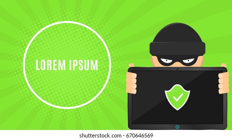 A hacker is holding a secure computer in his hands. Electronic high-tech tablet. Banner for your project. The system is protected. Green shield on the screen. Vector illustration