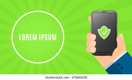 The hacker is holding a secure gadget in his hands. Electronic high-tech phone smartphone. Banner for your project. The system is protected. Green shield on the screen. Vector illustration