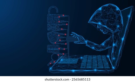 Hacker in a hood gets access to user data from a laptop screen. A polygonal drawing of interconnected lines and dots. Blue background.