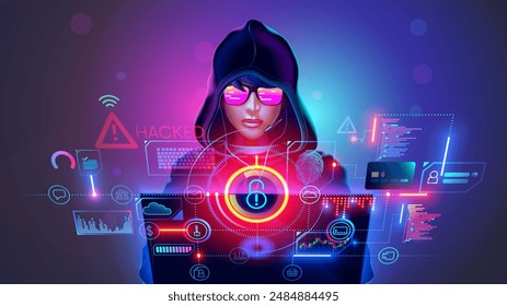 Hacker in hood with laptop in dark room. virtual lock icon over screen laptop of young hacker. Hacker in reflection glasses look at screen laptop, hacking banking account and card. Hacker teenagers.