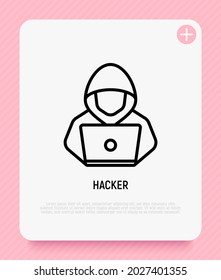 Hacker en el capó con el icono de la línea delgada del portátil. Ilustración vectorial moderna.