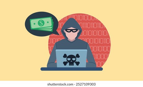 Un hacker con capucha y máscara, sentado en un portátil. El portátil tiene un cráneo en la cubierta. Una burbuja negra de dinero está dejando al hacker. En el fondo, un círculo rojo con números de código. Vector plano.