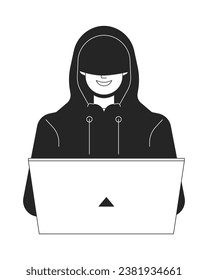 Hacker in hood smiling flat line black white vector character. Coding on laptop. Cyberspace. Editable outline full body person. Simple cartoon isolated spot illustration for web graphic design