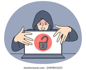 Hacker in der Haube, die offenes Laptop mit Vorhängeschloss-Symbol auf dem Bildschirm berühren, stehlen sichere Informationen. Cybersicherheit und Passwort- und Datenlecks. Vektorillustration.