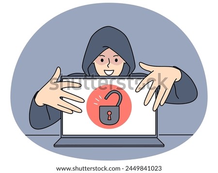 Hacker in hood touching open laptop with padlock symbol on screen steal secure information. Concept of cybersecurity and password and data leakage. Vector illustration.