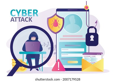 Hacker in hood under magnifying glass. Cybercriminal injects malware and steals personal data. Hacked account on phone screen. Man hacks password, login. Cyber attack, mobile scam. Vector illustration