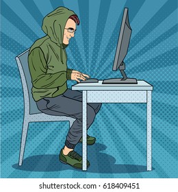 Hacker Hooded Man Stealing Information from Computer. Cyber Crime. Pop Art retro vector illustration
