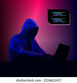 Hacker in hoodie. Black hat dark. Programmer coding software. Developer using laptop. Neon themed vector illustration.