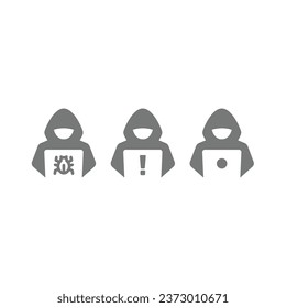 Hacker with hoodie and computer vector icon. Cyber crime, virus symbol.
