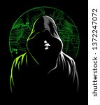 Hacker with the hoodie and digital symbols on black background. Vector illustration.