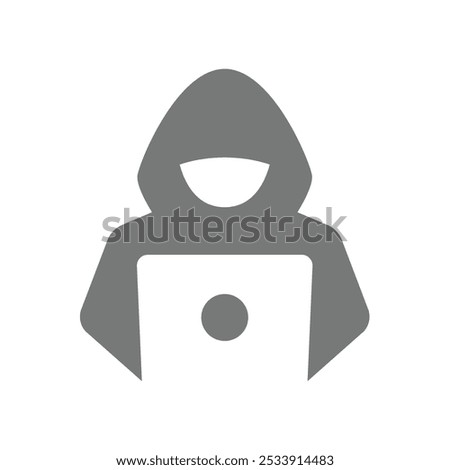 Hacker with hoodie and a laptop. Cyber, computer crime and virus vector icon.