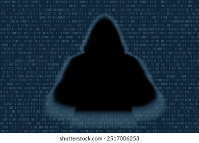 Hacker in the hoodie at the laptop on the binary code background illustration. Hacking illustration. Information stealing, scam illustration. Vector