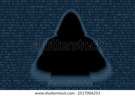 Hacker in the hoodie at the laptop on the binary code background illustration. Hacking illustration. Information stealing, scam illustration. Vector