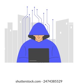 Hacker in a hoodie using a laptop with a cityscape in the background, highlighting the dangers of cybercrime, data breaches, and the importance of internet security and digital protection. Vector.