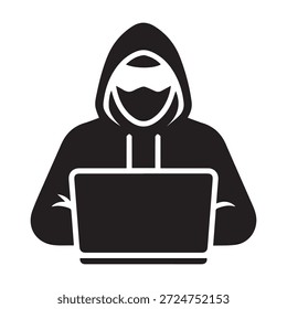 Hacker en sudadera con capucha con portátil, seguridad cibernética y Ilustración vectorial de concepto de robo de datos.