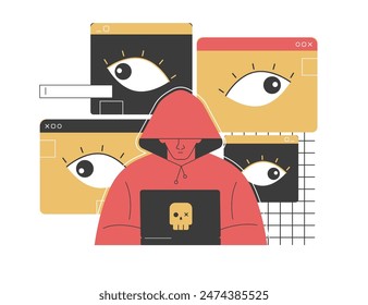 Hacker in a hoodie using a laptop surrounded by surveillance icons, highlighting online privacy risks and data protection. Emphasizes the importance of internet security and digital safety.