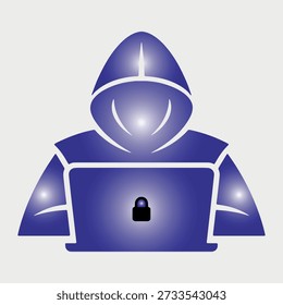 Hacker in hoodie working on secure laptop with padlock