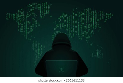 Hacker in a hoodie world map vector illustration