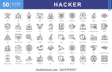 Conjunto de colección de icono de hacker. Contiene computadoras, código, ciberseguridad, software, actividad de hackers, virus de gusano, hacking, phishing, cifrado. Perfecto para proyectos tecnológicos, App en seguridad, ficción digital.