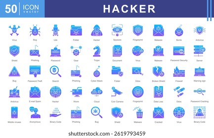 Conjunto de coleta de ícones do hacker. Contendo computadores, código, segurança cibernética, software, atividade de hacker, vírus de worm, hacking, phishing, criptografia. Perfeito para projetos tecnológicos, aplicativos de segurança, ficção digital.
