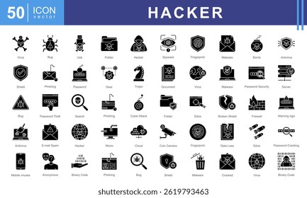 Hacker icon collection set. Containing computers, code, cybersecurity, software, hacker activity,  worm virus, hacking, phishing, encryption. Perfect for tech projects, security apps, digital fiction.